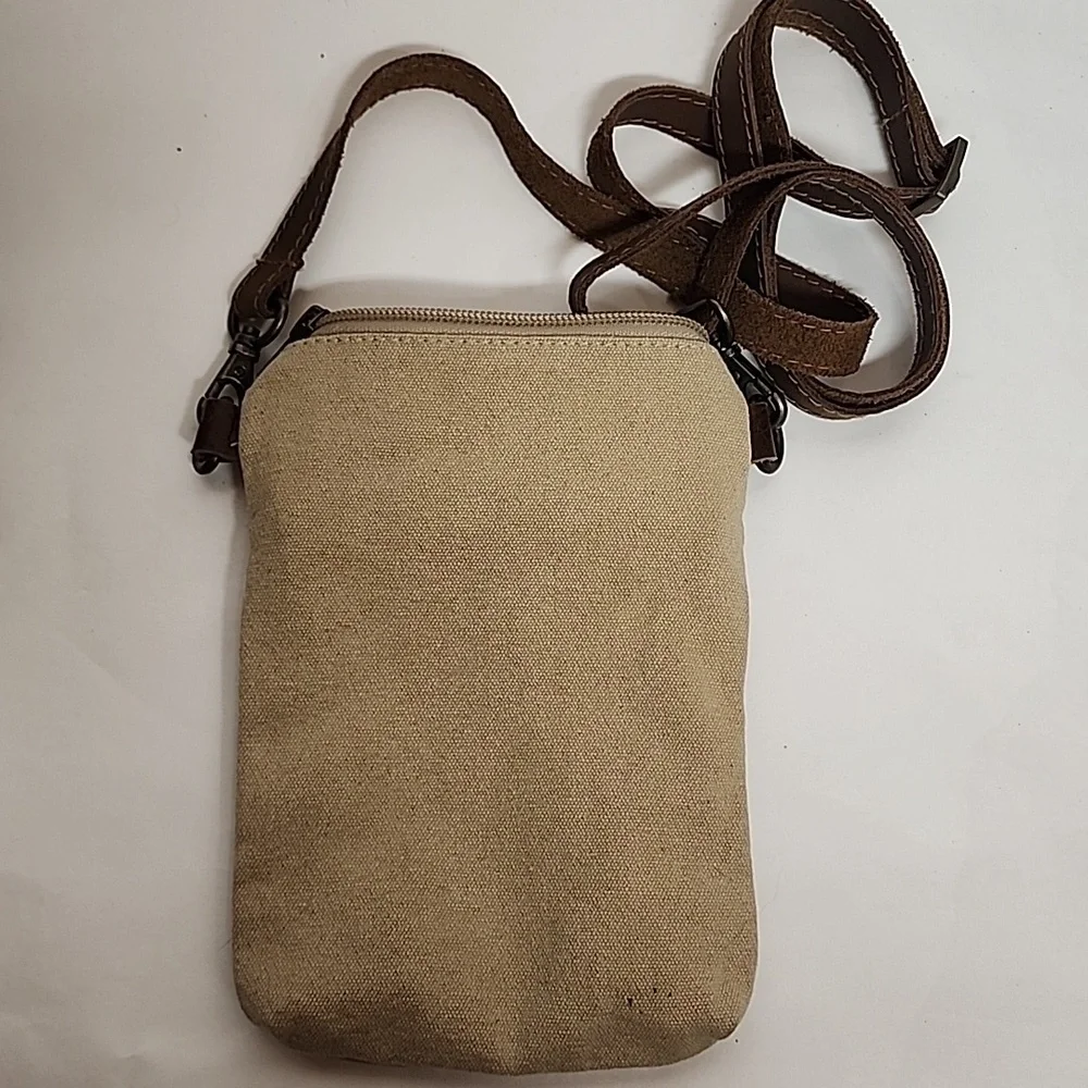 Cott n Curls Tan Canvas Octopus Print Leather Strap Crossbody Cell Phone Bag